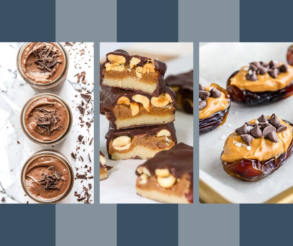 Three small glass jars of chocolate mousse topped with chocolate shavings, arranged vertically on a white marble surface scattered with chocolate shavings. Stacked layered chocolate-dipped bars with peanuts and a shortbread base on parchment paper. Medjoo