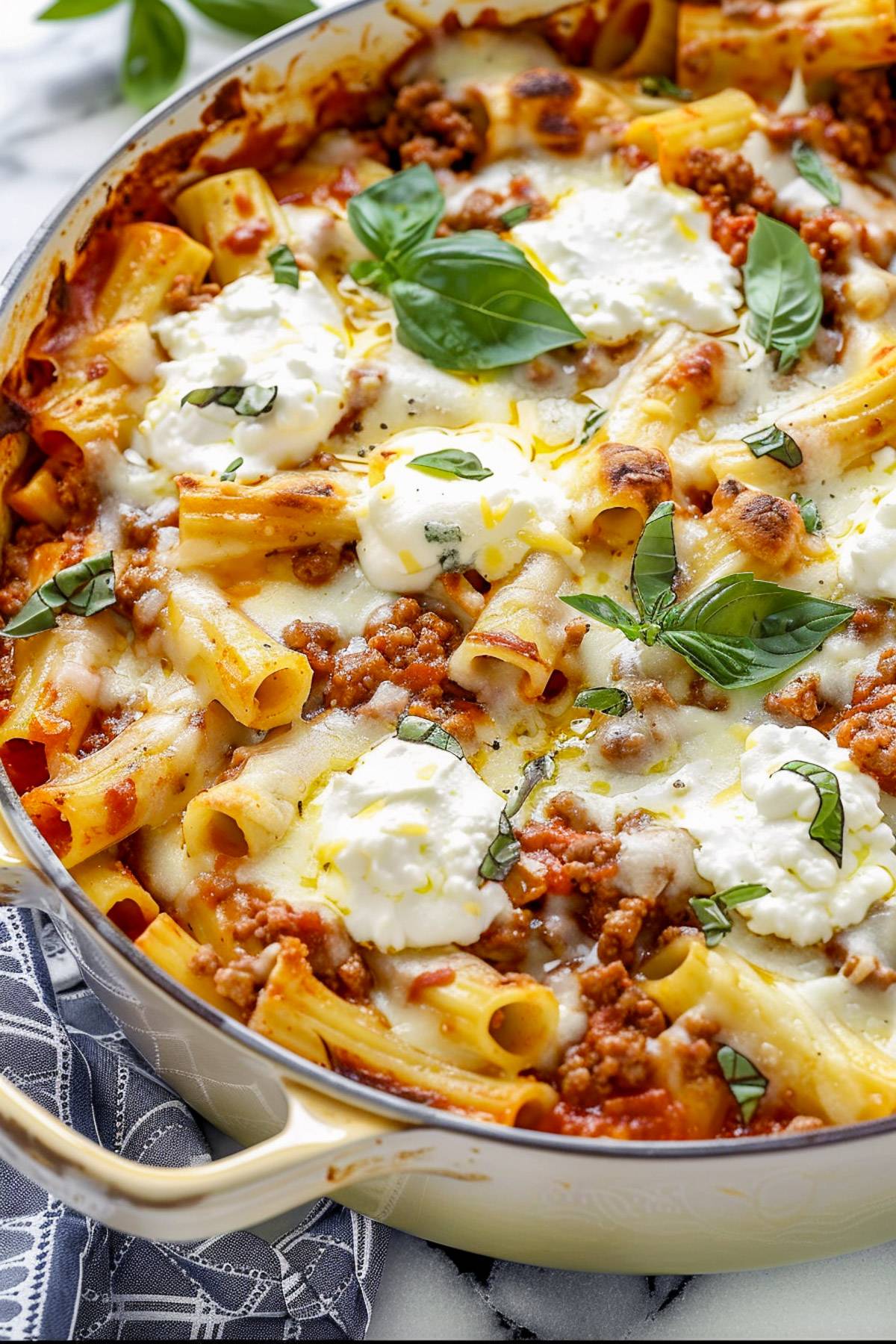 Creamy sausage and ricotta one-pot pasta in a cast iron skillet with fresh basil