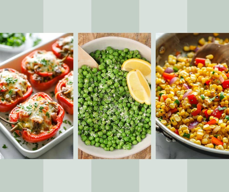 Three freezer friendly vegetable recipes: cheesesteak stuffed peppers, lemon parmesan peas, and confetti corn with compound butter.