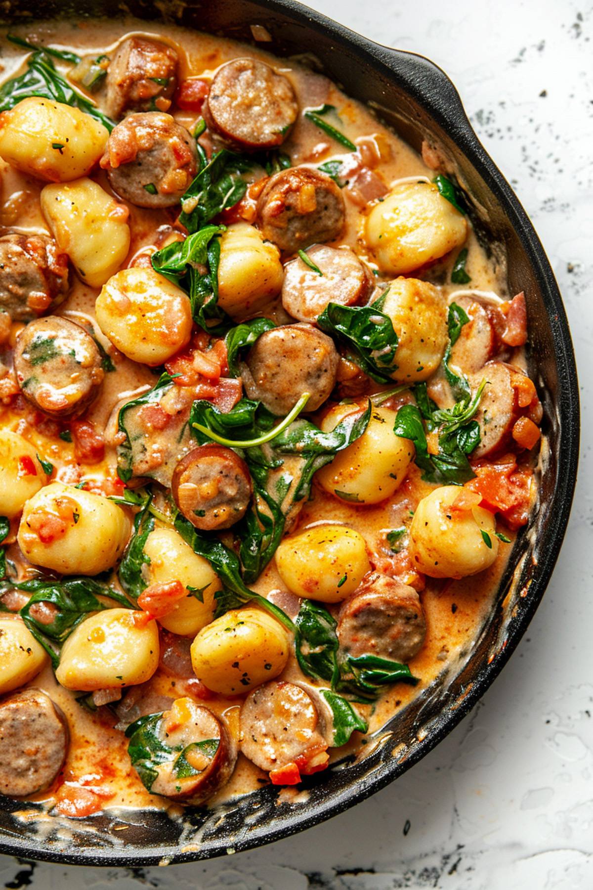 Creamy gnocchi with sausage, spinach, and tomatoes in a rich sauce served in a black skillet.