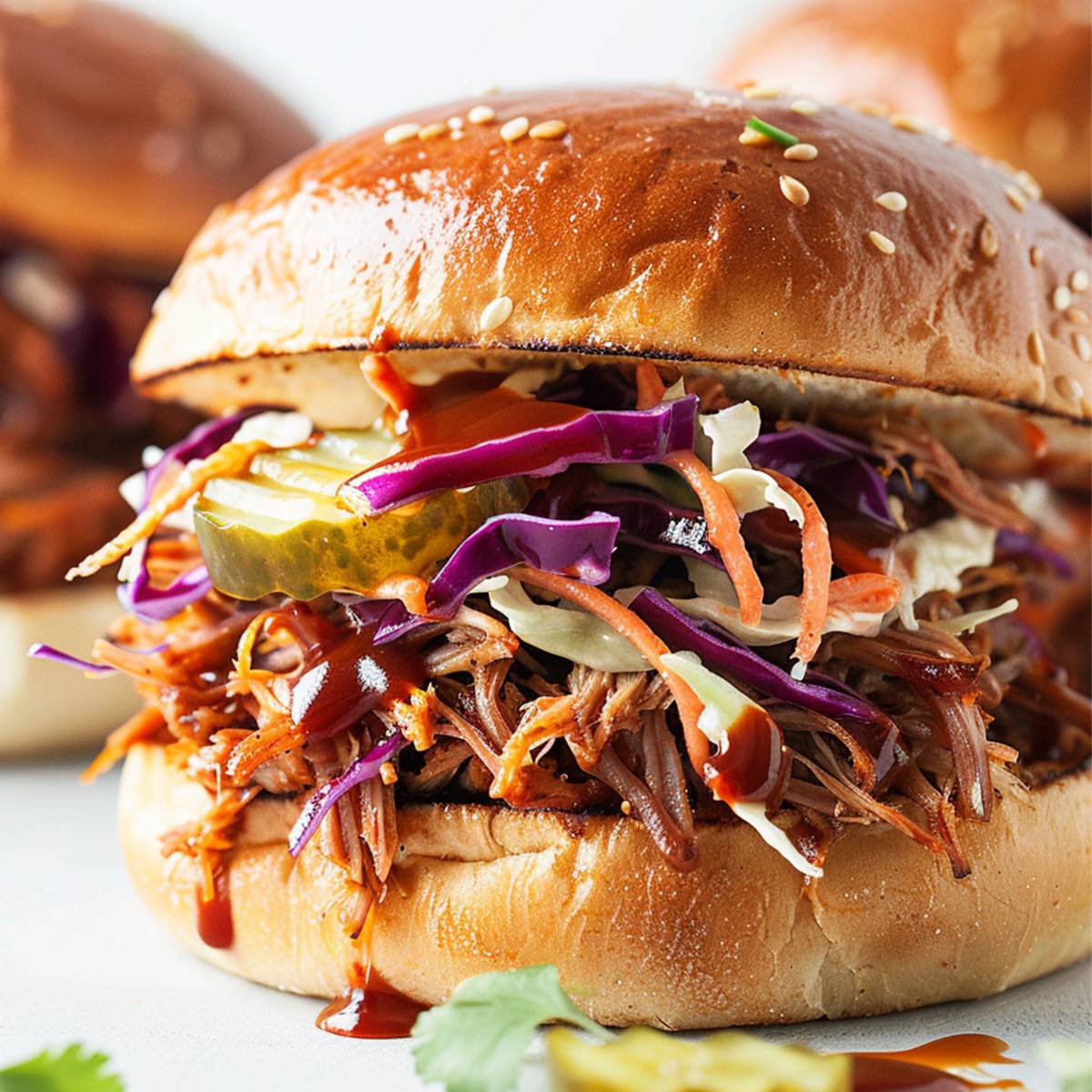 Close-up of a barbecue pulled pork sandwich on a sesame seed bun, topped with coleslaw, pickles, and drizzled with BBQ sauce.