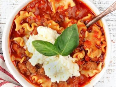 Lasagna soup in a white bowl. 