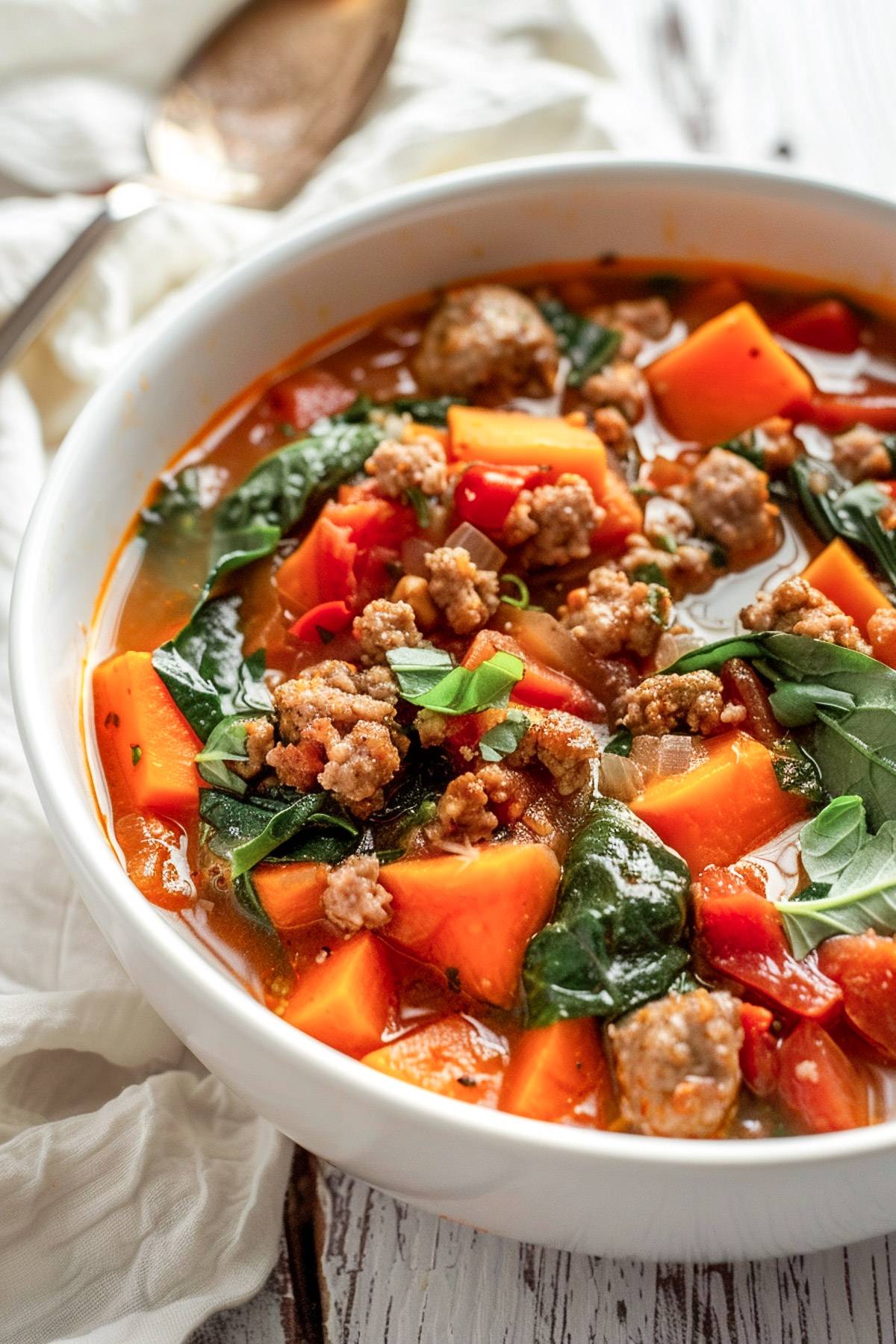Bowl of creamy sausage potato soup with sweet potatoes, spinach, and Italian sausage in a rich tomato broth.