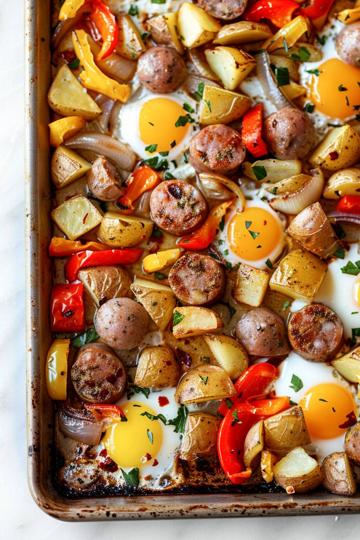 Sheet pan eggs with crispy potatoes, smoked chicken sausage, and roasted bell peppers