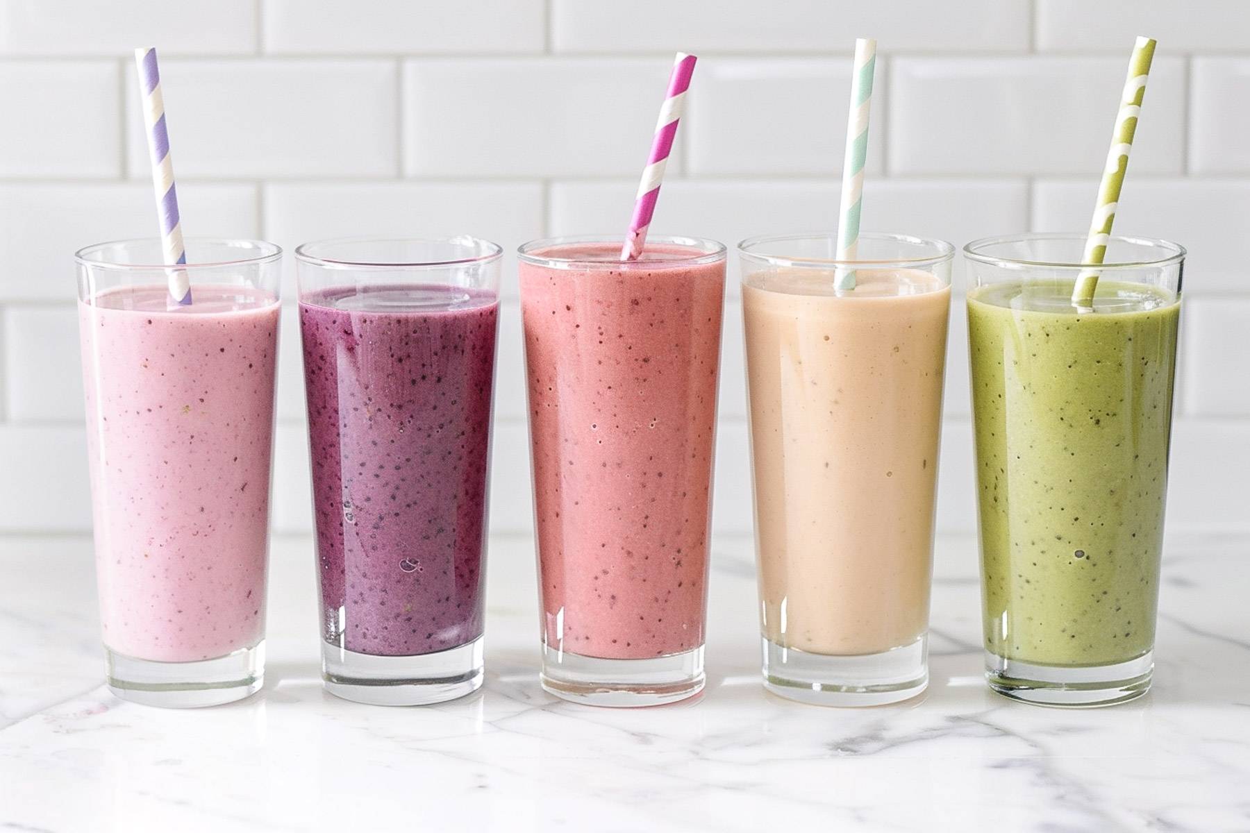 Five colorful smoothies in clear glasses with striped straws lined up on a white marble countertop against a white tile background