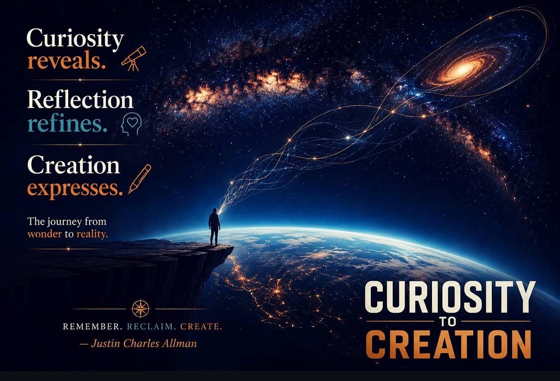 Curiosity to Creation artwork illustrating curiosity, reflection, and creation beneath a cosmic night sky, featuring the words “Curiosity reveals. Reflection refines. Creation expresses.” by author Justin Charles Allman.