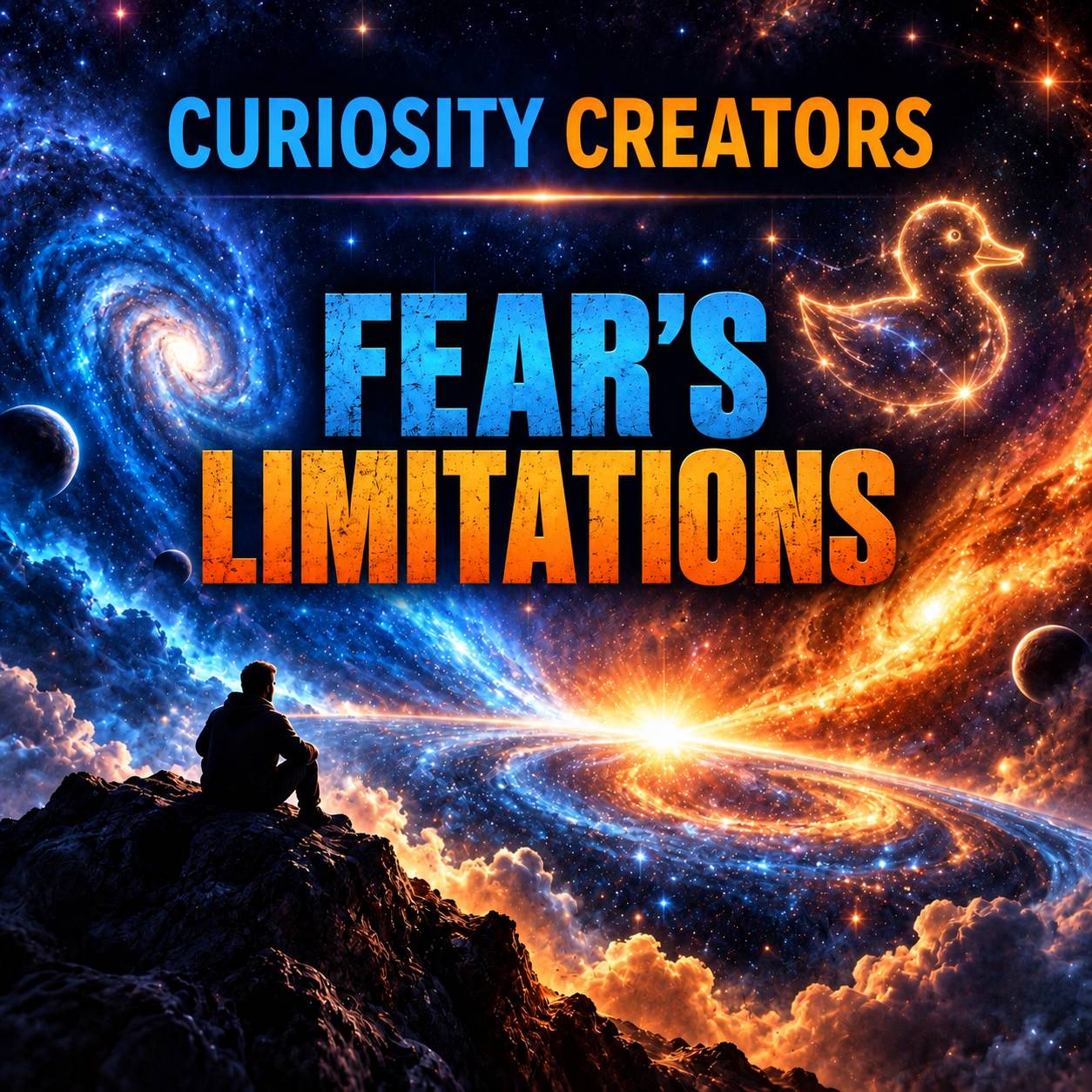 Square thumbnail with a dramatic cosmic scene in Curiosity Creators blue and orange branding. Large text reads “CURIOSITY CREATORS” at the top and “FEAR’S LIMITATIONS” in the center, with “FEAR’S” in blue and “LIMITATIONS” in orange. A silhouetted person 