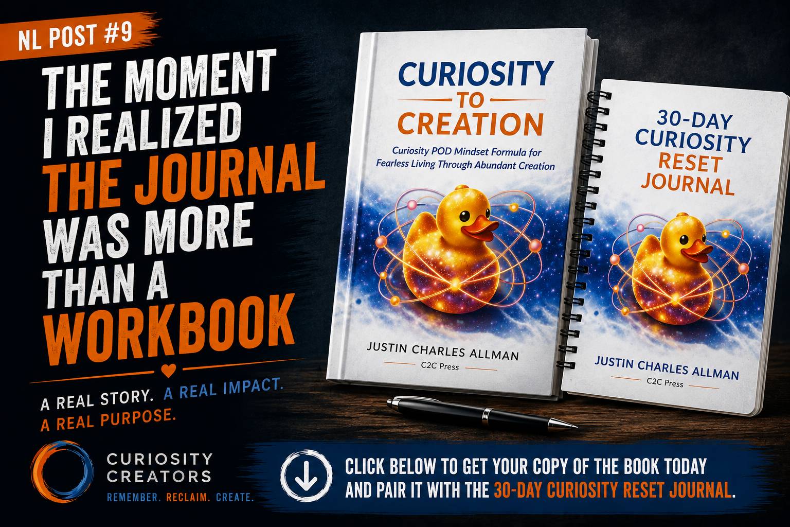 A person writing thoughtfully in the 30-Day Curiosity Reset Journal beside Curiosity to Creation, symbolizing reflection, clarity, and personal growth through curiosity