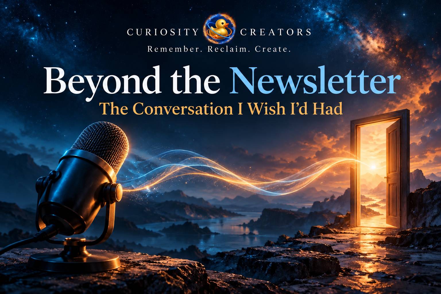 Curiosity Creators newsletter graphic featuring an atomic rubber duck logo, a podcast microphone, and a glowing doorway connected by blue-and-orange light beneath a cosmic sky. Text reads: Beyond the Newsletter — The Conversation I Wish I'd Had.