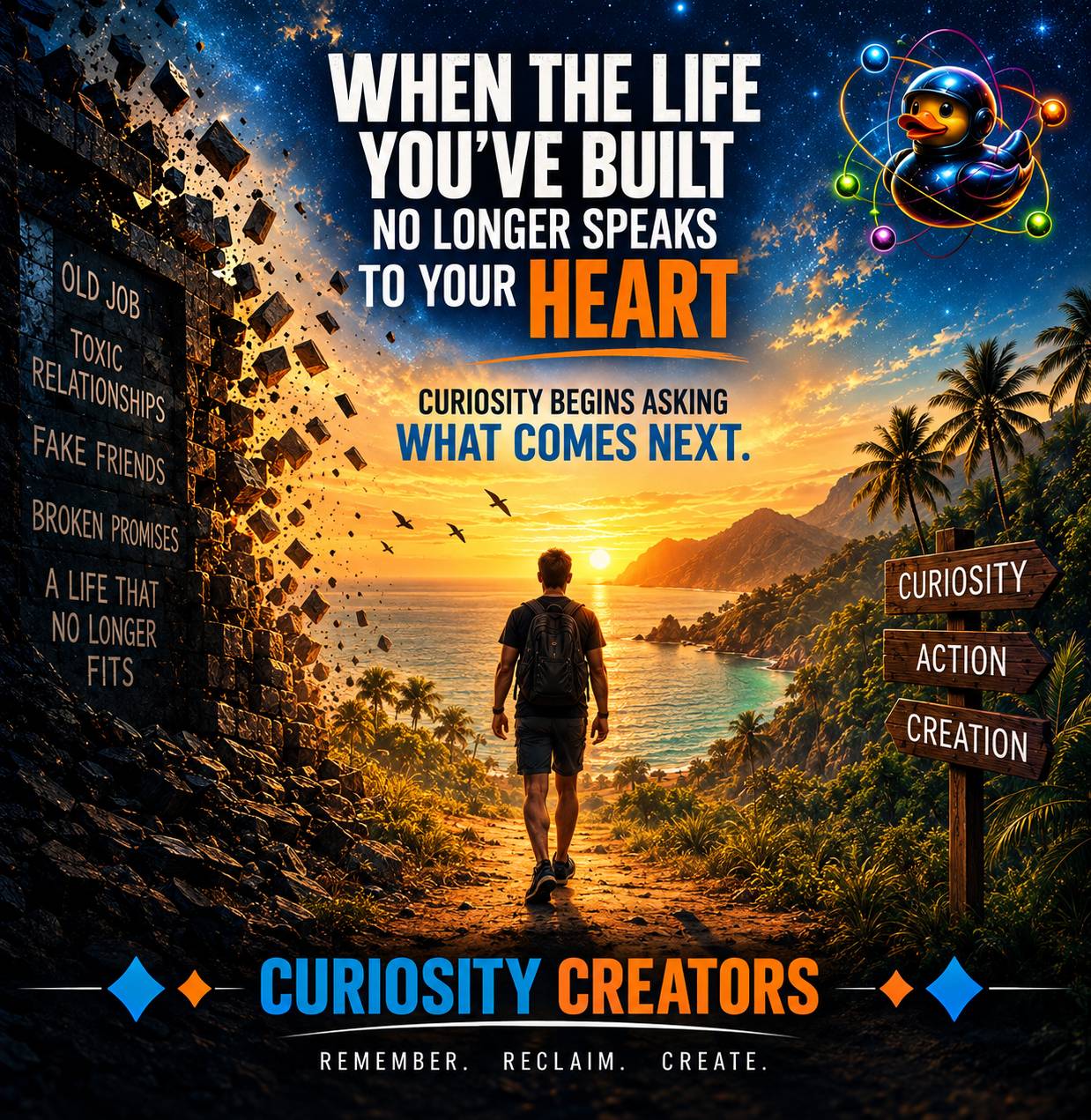 A man walks away from a crumbling wall representing an old life toward a bright tropical horizon, symbolizing curiosity, personal transformation, and the courage to ask what comes next.