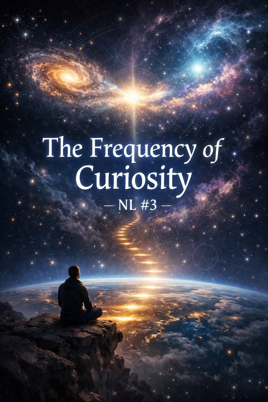 Cosmic scene of a man meditating with a golden path into space, representing curiosity, mindset and personal growth.