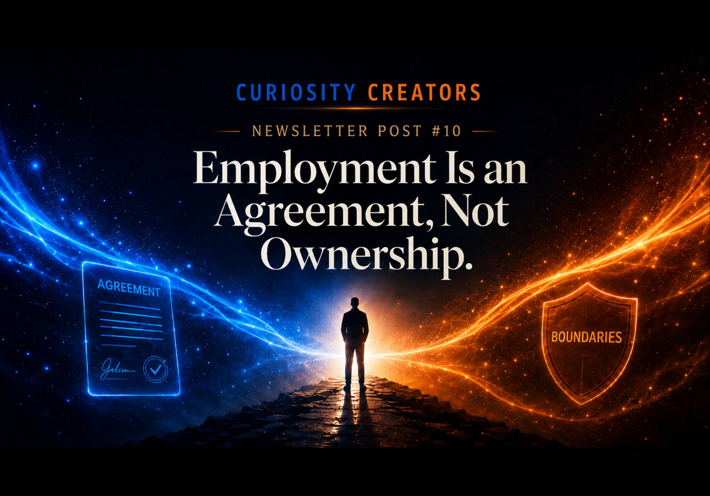 Curiosity Creators Newsletter Post #10 artwork for “Employment Is an Agreement, Not Ownership,” featuring blue and orange cosmic energy, an agreement document, boundaries shield, and a person standing firmly in their authority.