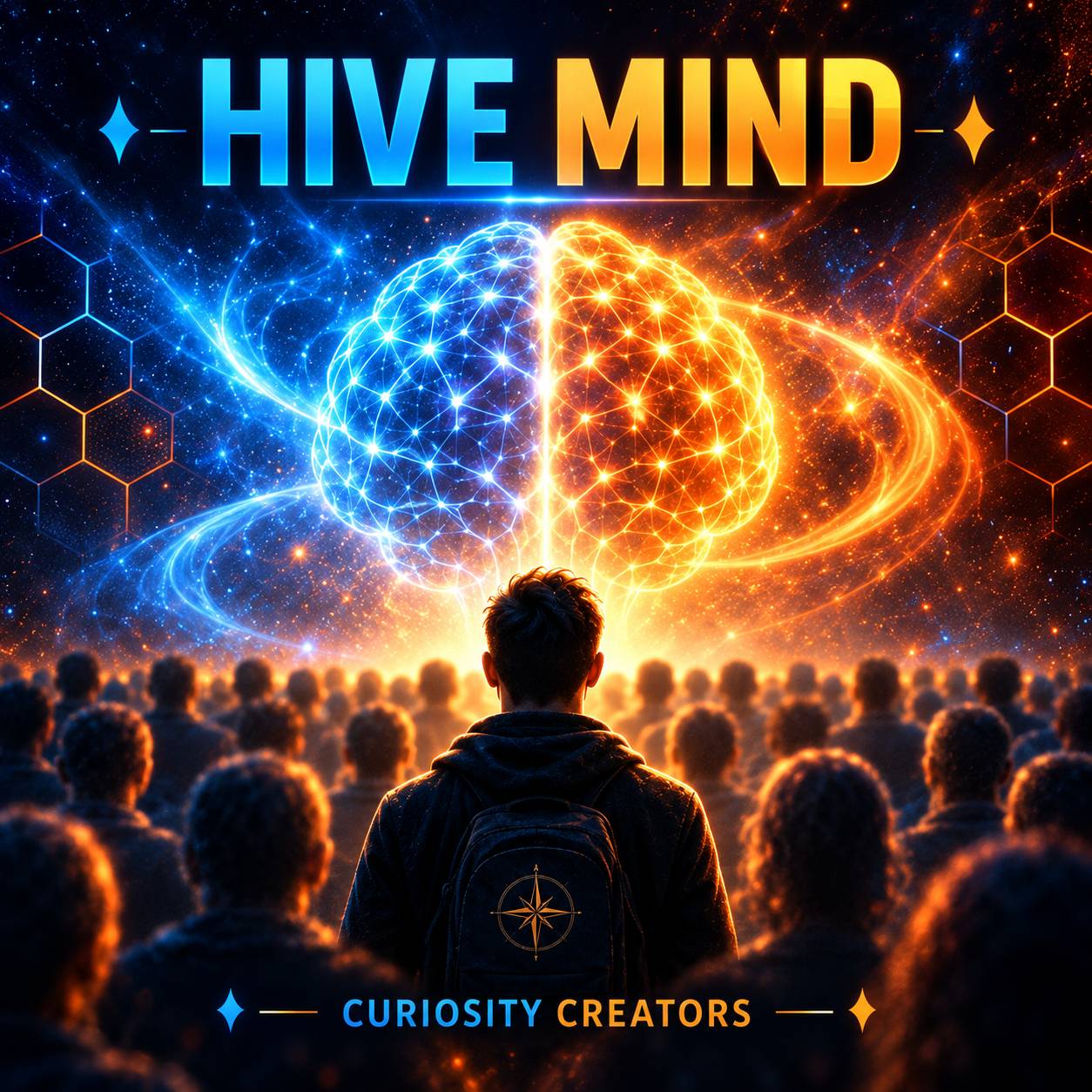 A lone person stands within a crowd beneath a glowing blue-and-orange brain, symbolizing individuality, hive-mind thinking, and questioning social constructs.