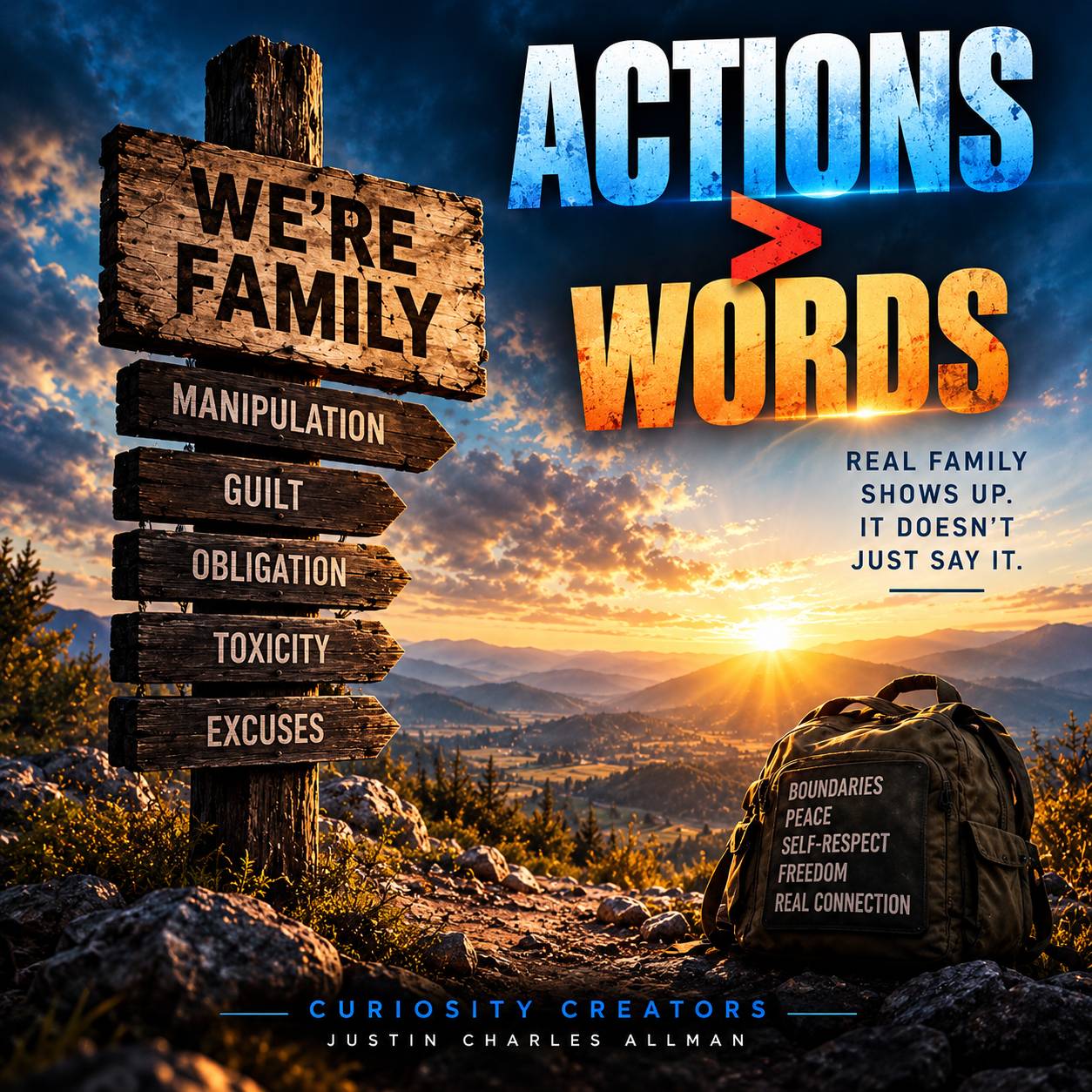 A weathered “We’re Family” sign points toward manipulation, guilt, obligation, toxicity, and excuses, while a backpack representing boundaries, peace, self-respect, freedom, and real connection sits beside a path toward a bright sunrise.