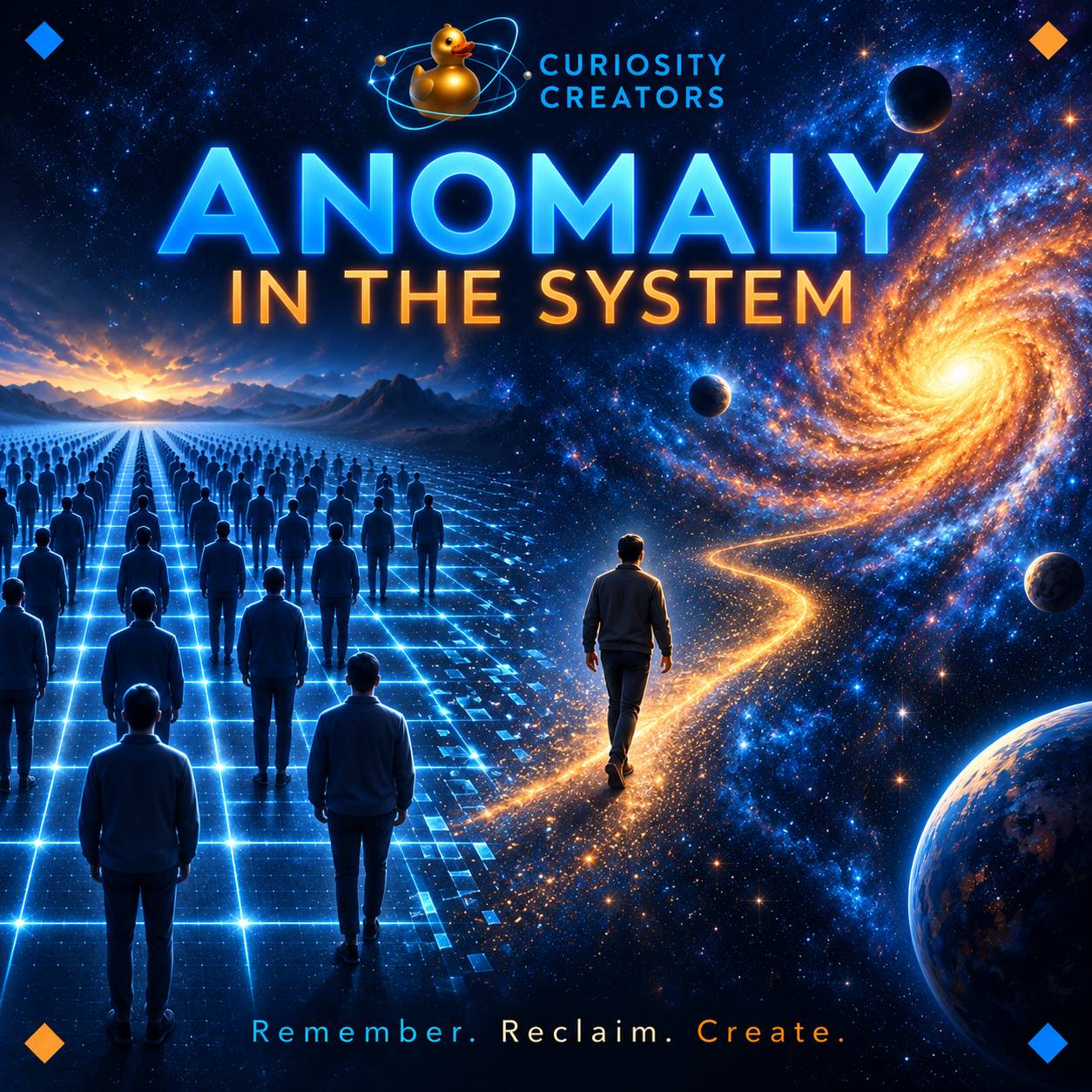 Anomaly in the System: a man leaves rows of people on a blue grid, following a golden path toward an orange galaxy. A cosmic rubber duck sits above.