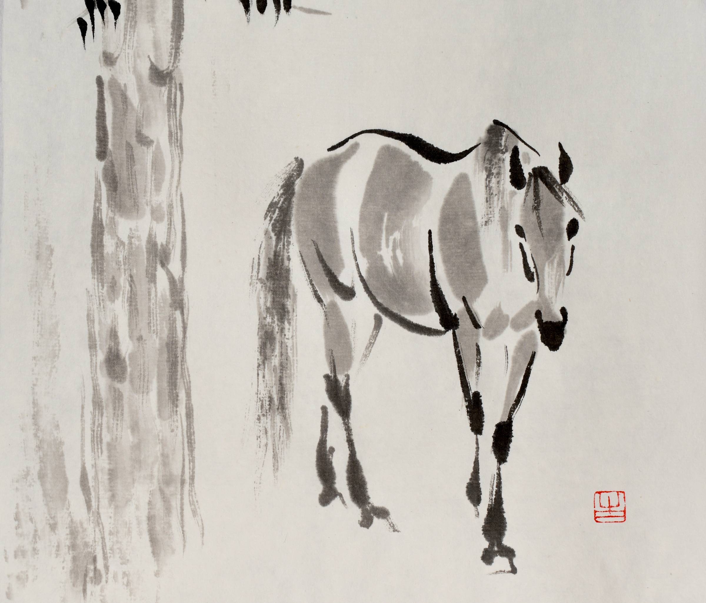Chinese brush painting of a horse next to a Redwood tree turning and walking towards you with ears pricked in your direction.