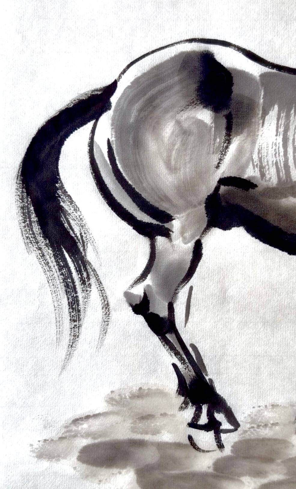 Chinese brush painting of a muscular horse's hip, back leg, and tail