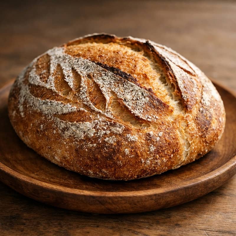 Golden brown artisan sourdough bread on wooden plate