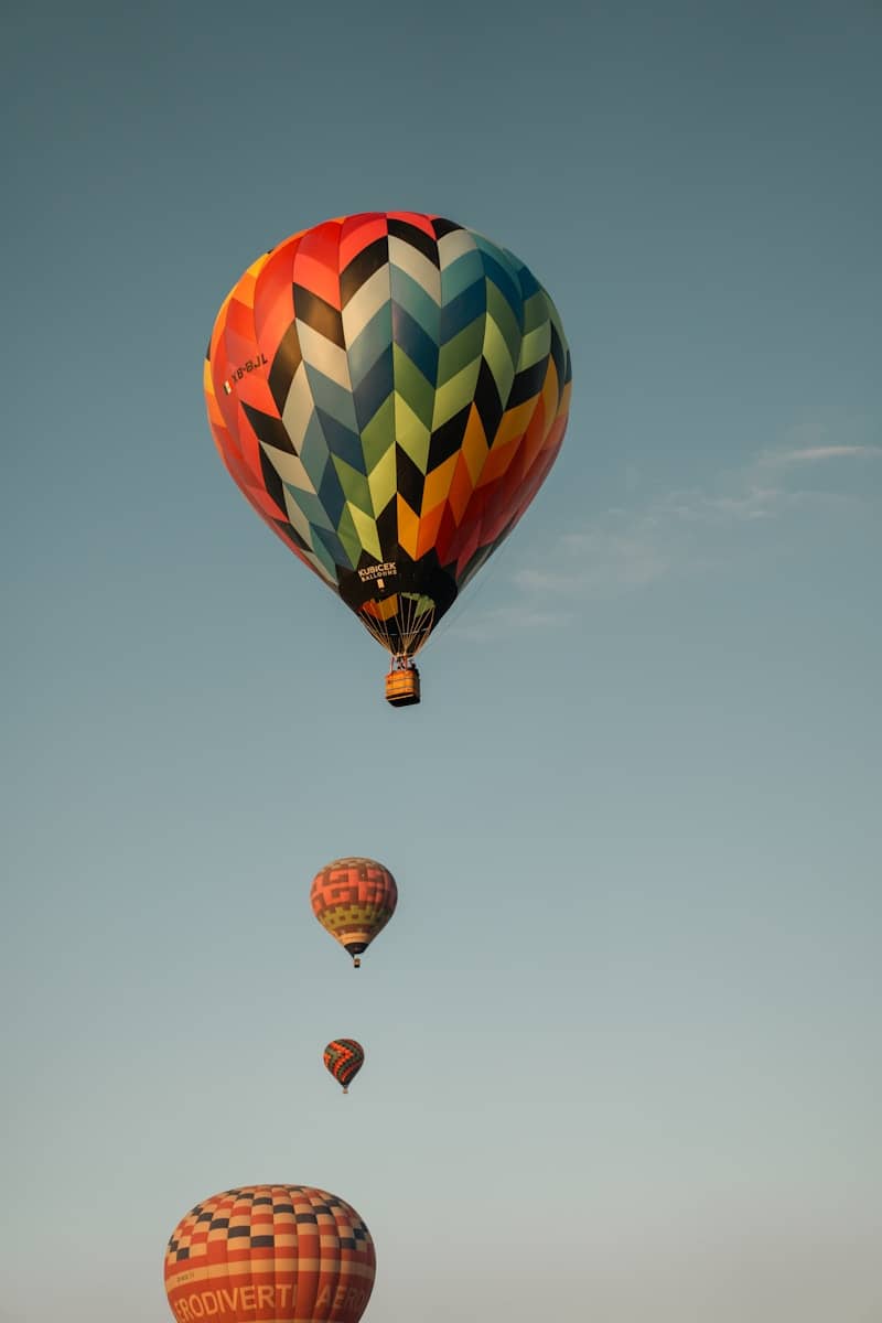 Hot air balloons soar through the clear sky.