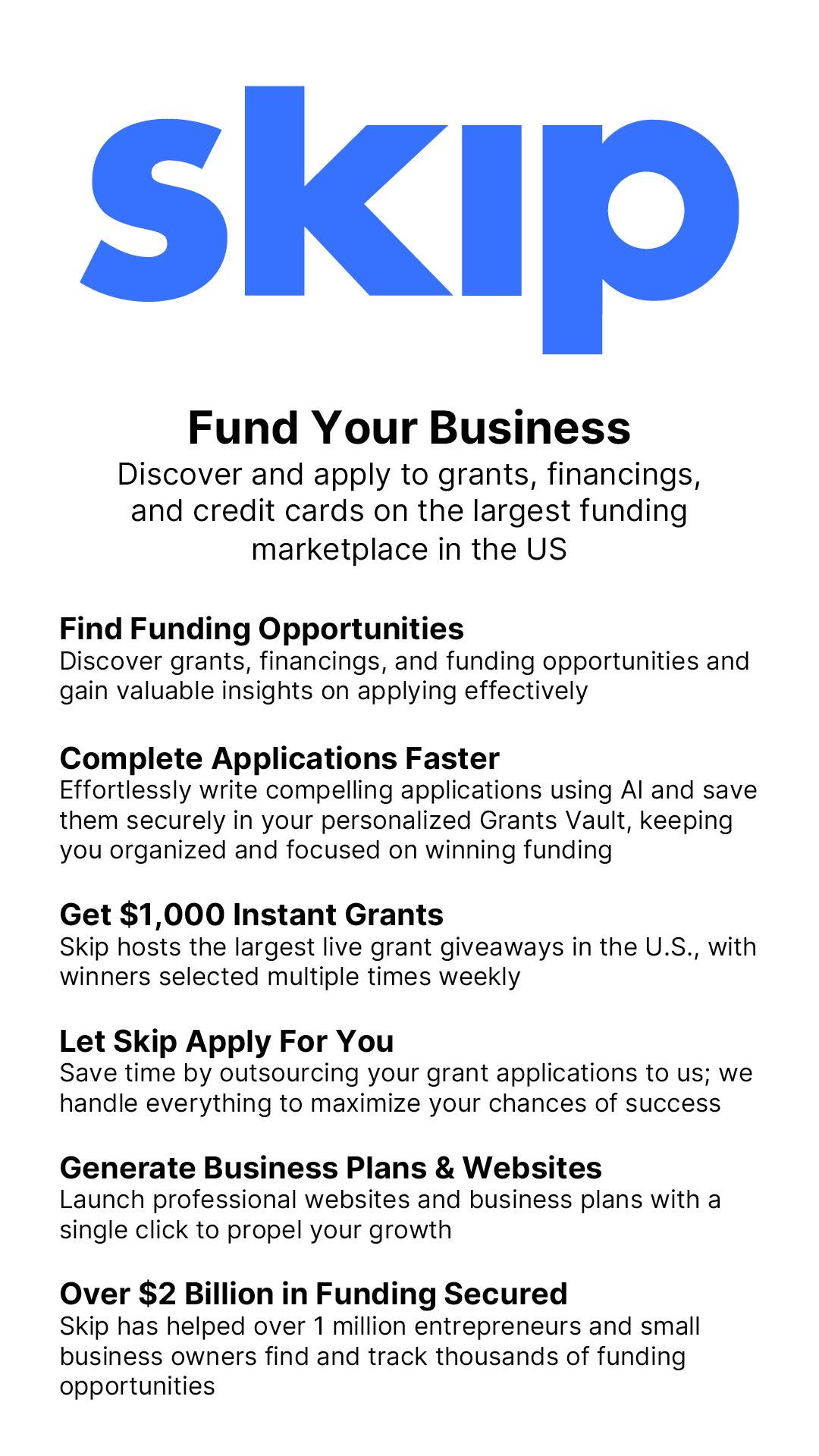 A promo graphic for Skip that has it's logo and the promo text from it's homepage