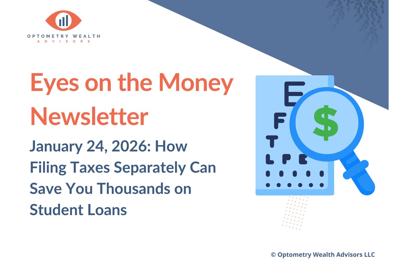 Banner for Eyes on the Money Newsletter about how tax filing status impacts student loan planning for optometrists