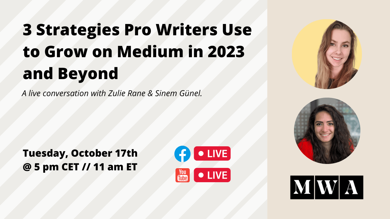 Promo image for the workshop titled "3 Strategies Pro Writers Use to Grow on Medium in 2023 and Beyond"