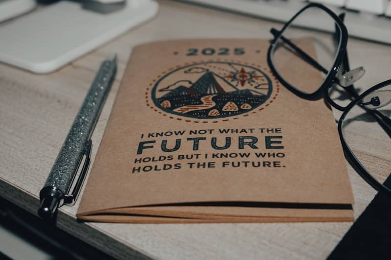 Brown 2025 notebook, glitter pen, and glasses on a desk.