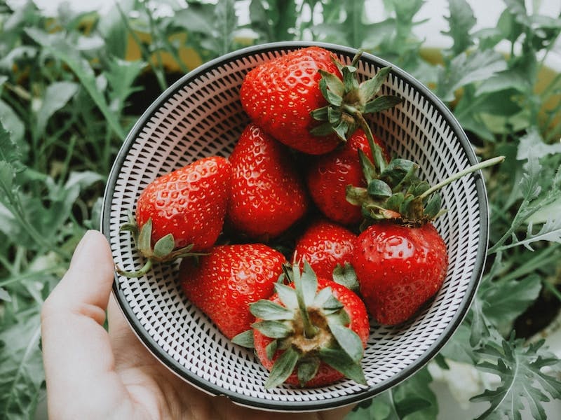 strawberries on white and black round basket