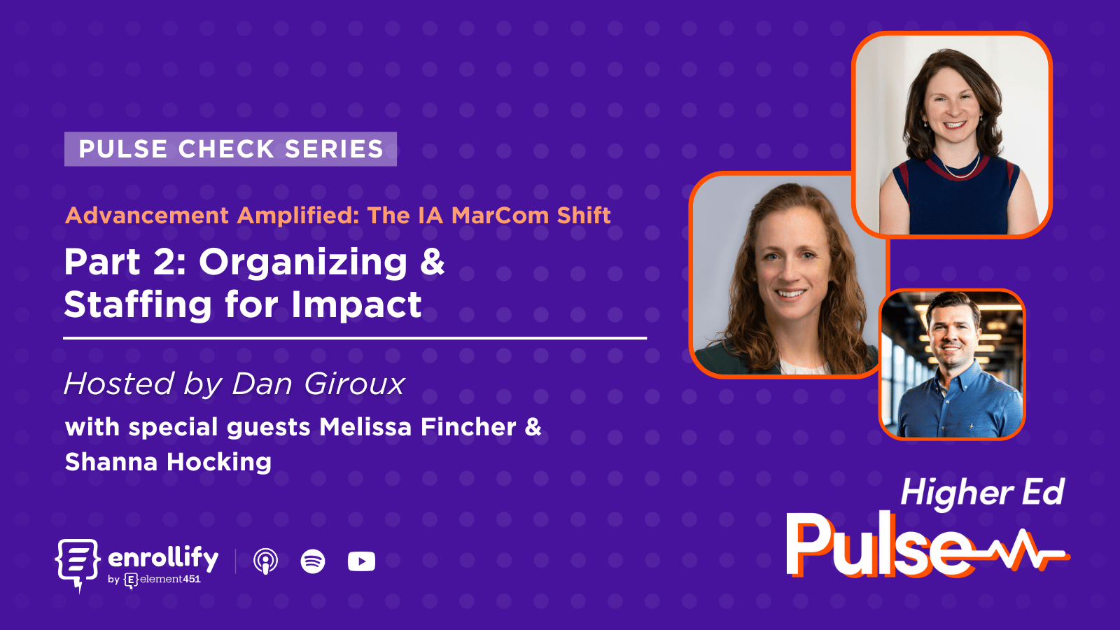 Promotional graphic for Enrollify’s Pulse Check Series: Advancement Amplified – The IA MarCom Shift, Part 2: Organizing & Staffing for Impact. Hosted by Dan Giroux with special guests Melissa Fincher and Shanna Hocking. Purple background with headshots of
