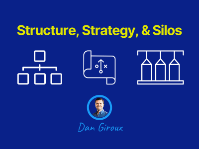 Graphic titled 'Structure, Strategy, & Silos' featuring three white icons on a blue background: an org chart, a strategy map with an arrow and play symbol, and three silo containers. Below the icons is a circular headshot of Dan Giroux with his name in sc