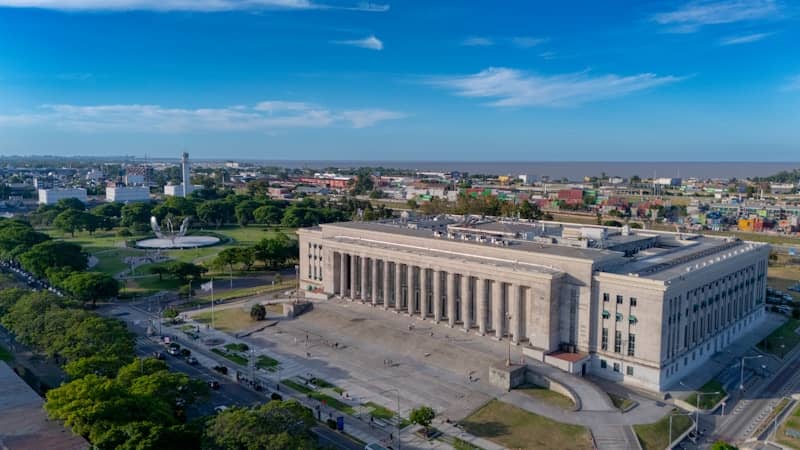 An aerial view of a large building in a city