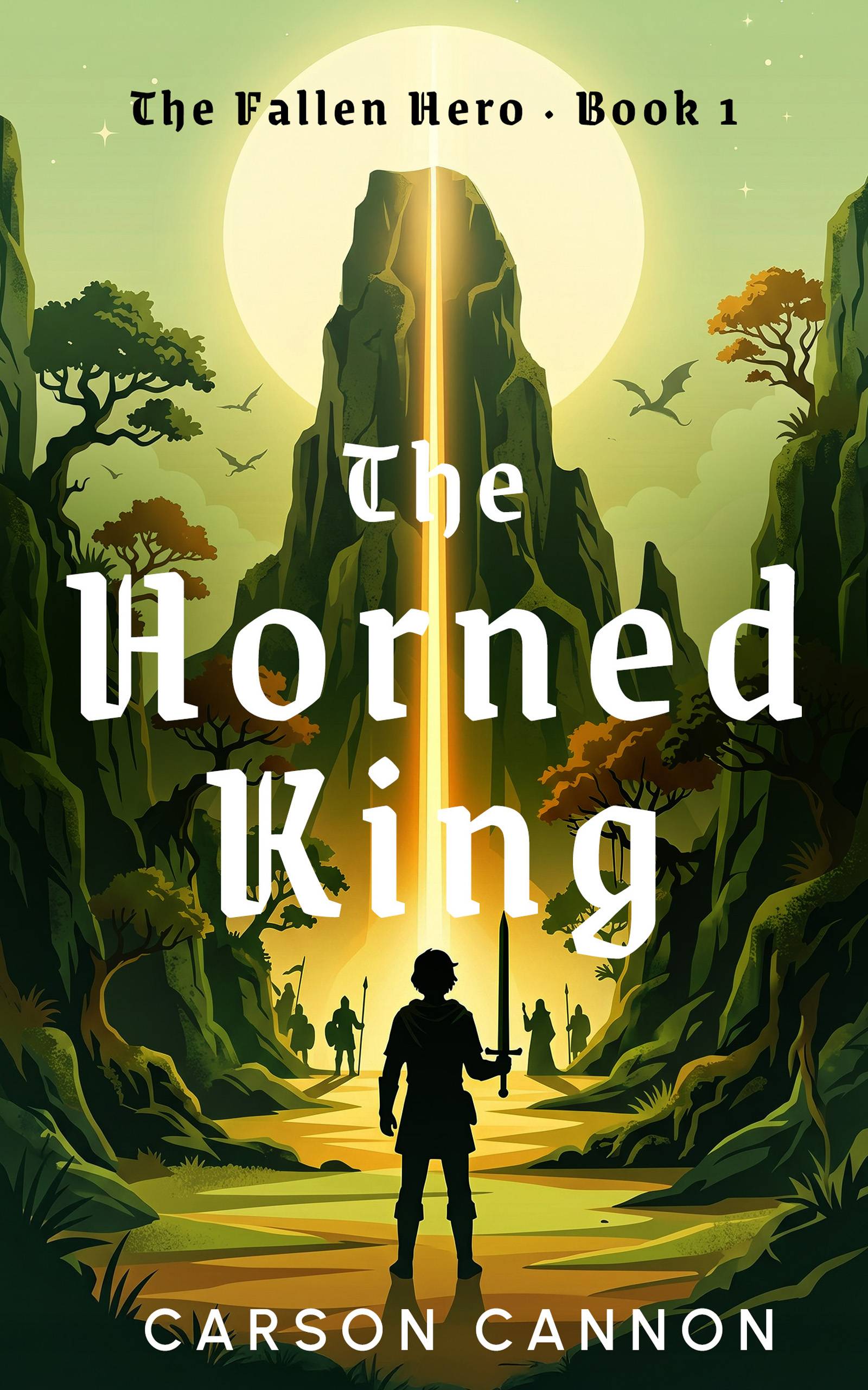 The Horned King book cover. Green theme with a mountain in the background with a yellow beam of light shooting up the center into the sky.