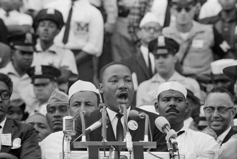 Dr. Martin Luther King, Jr. delivers his famous "I Have a Dream" speech in front of the Lincoln Memorial during the Freedom March on Washington in 1963