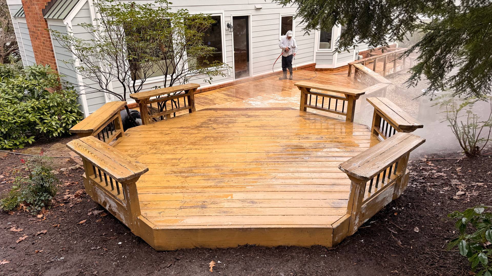 cleaning of wood deck hexagon shaped