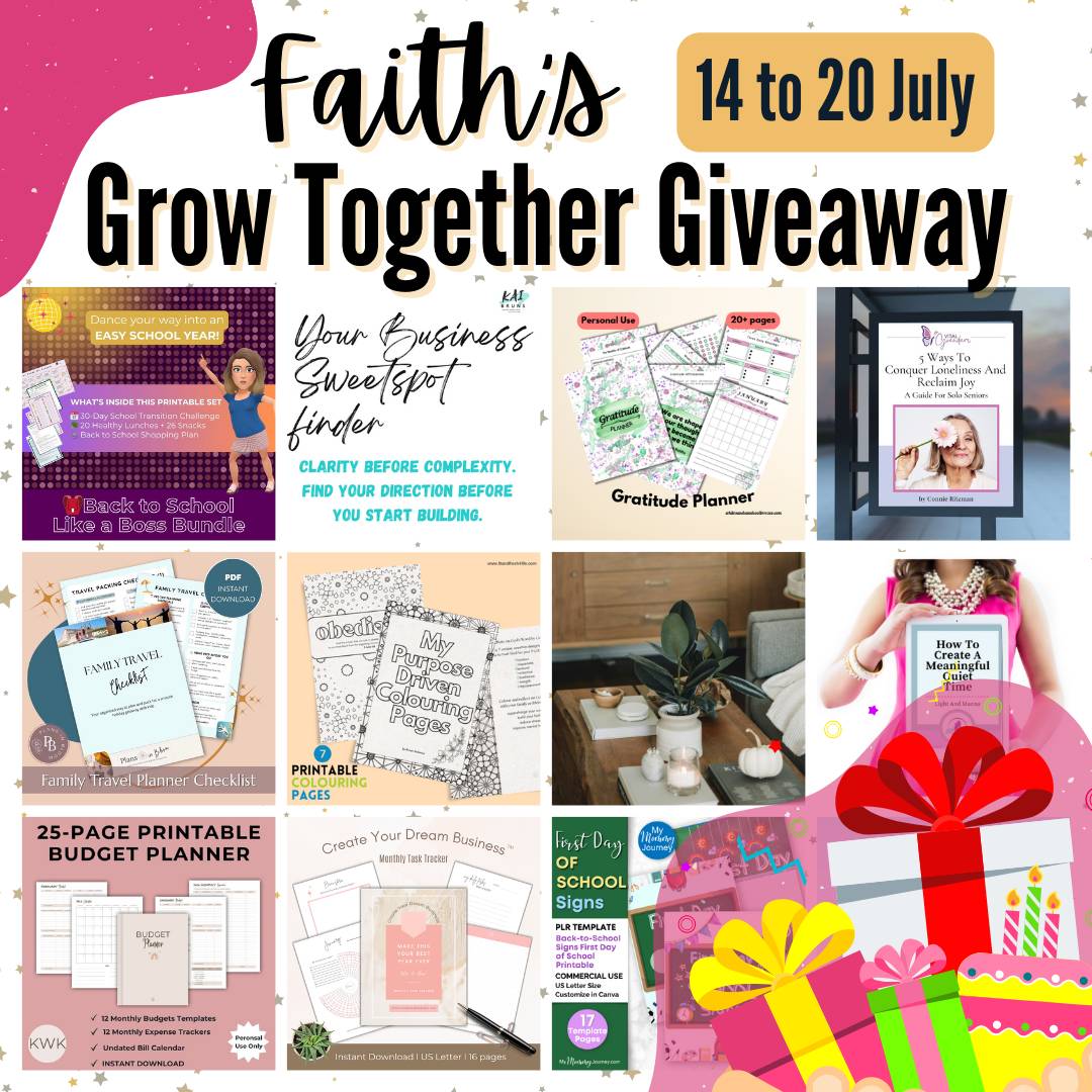 Faith's Grow Together Giveaway with images of products available July 14-20th.