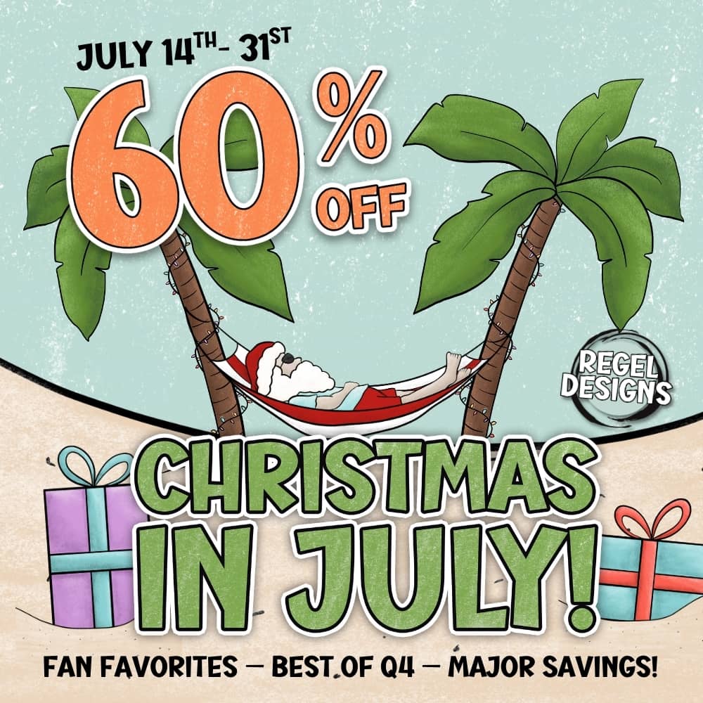 Christmas in July at Regel Designs 60% off with an image of Santa on a hammock on the beach. 