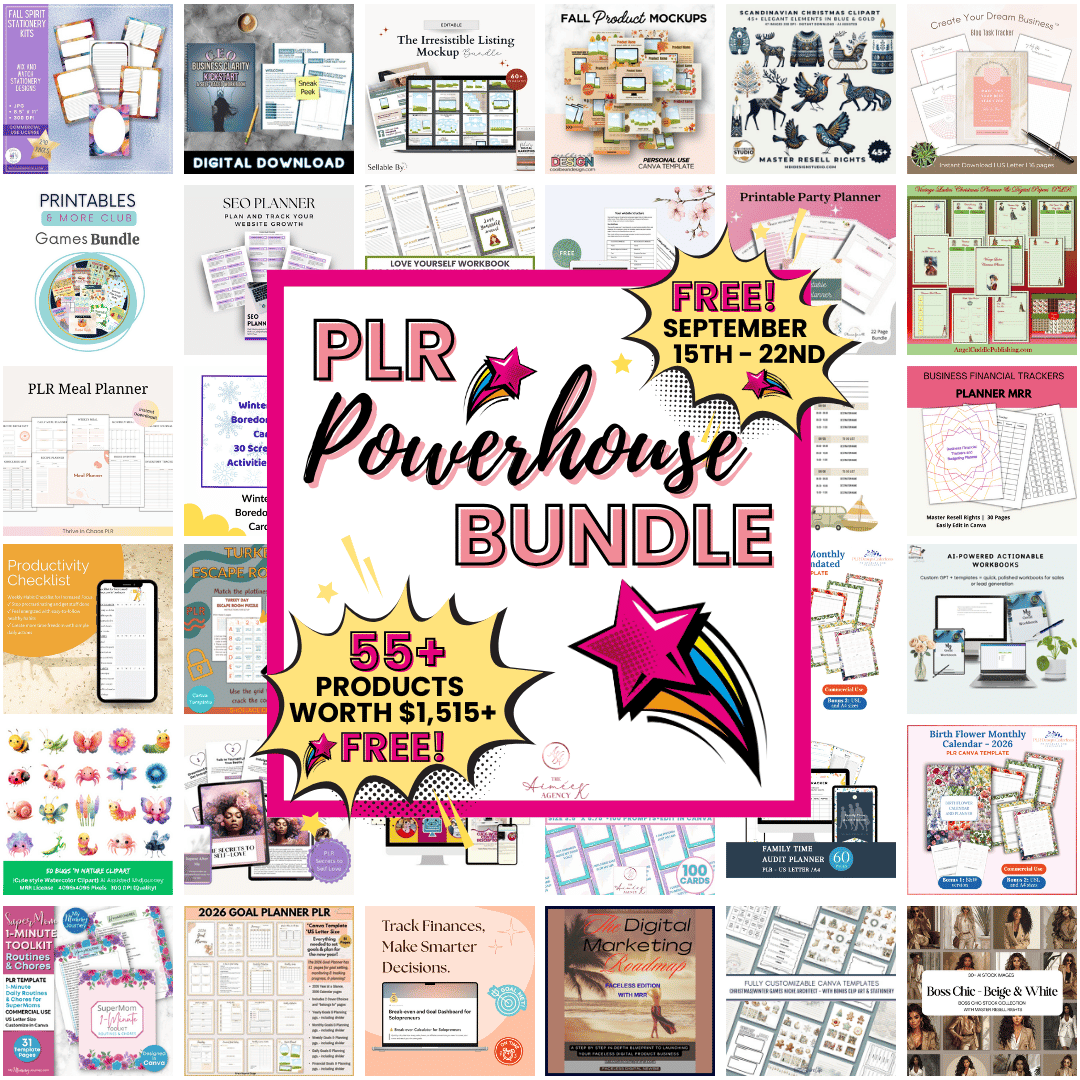PLR Powerhouse Bundle with 55+ Products worth $1515+ for free! With images of products available.