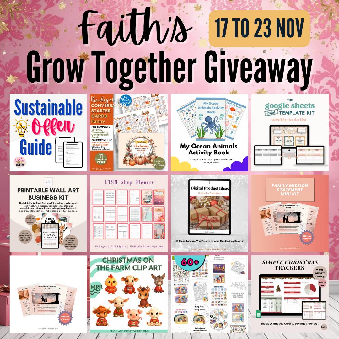Faith's Grow Together Giveaway with images of gifts available November 17th - 23rd with 80+ gifts worth $1800. 