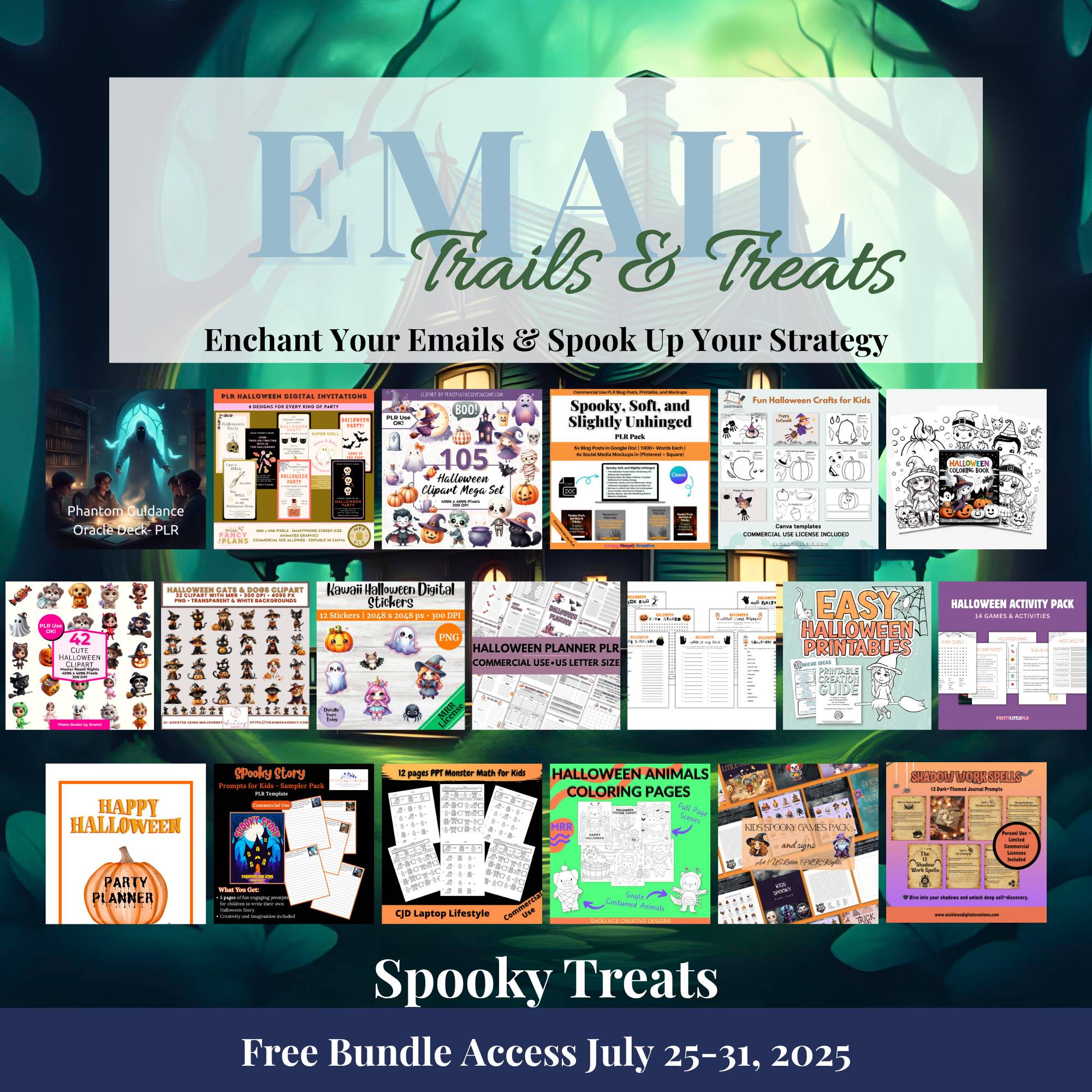 Emails, Trails, and Treats Giveaway Bundle with images of the gifts available.  Sign up July 25th - 31st with green background image of spooky scene.