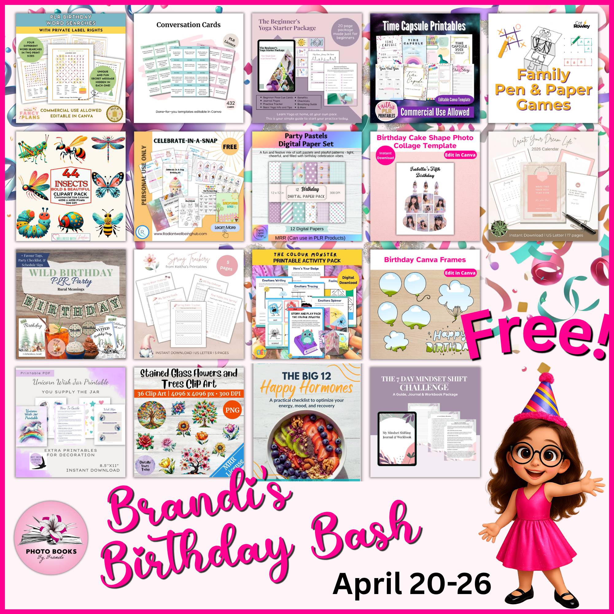 Brandi's Birthday Bash April 20-26th with images of free gifts included.
