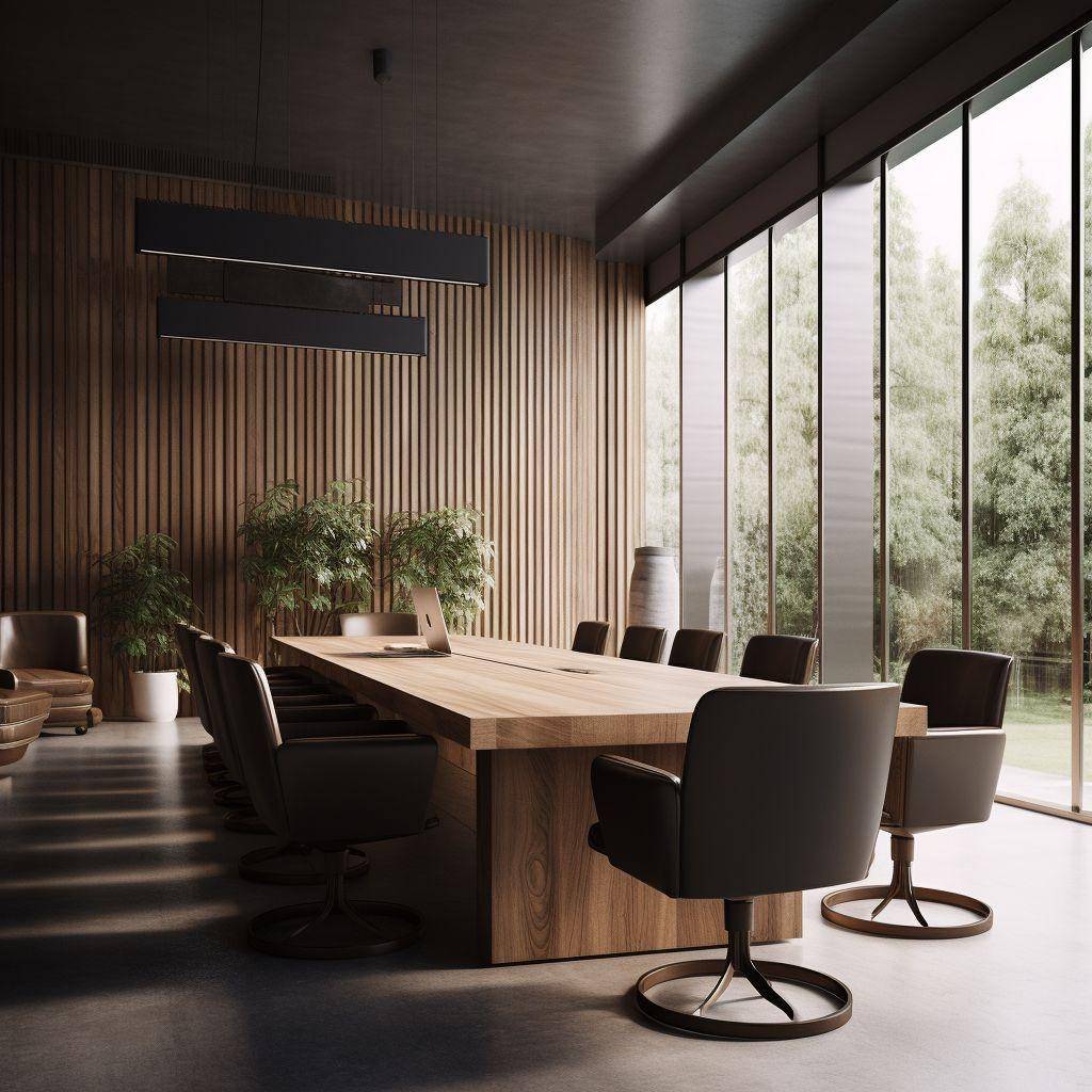A long conference table with orange chairs in a modern office meeting room