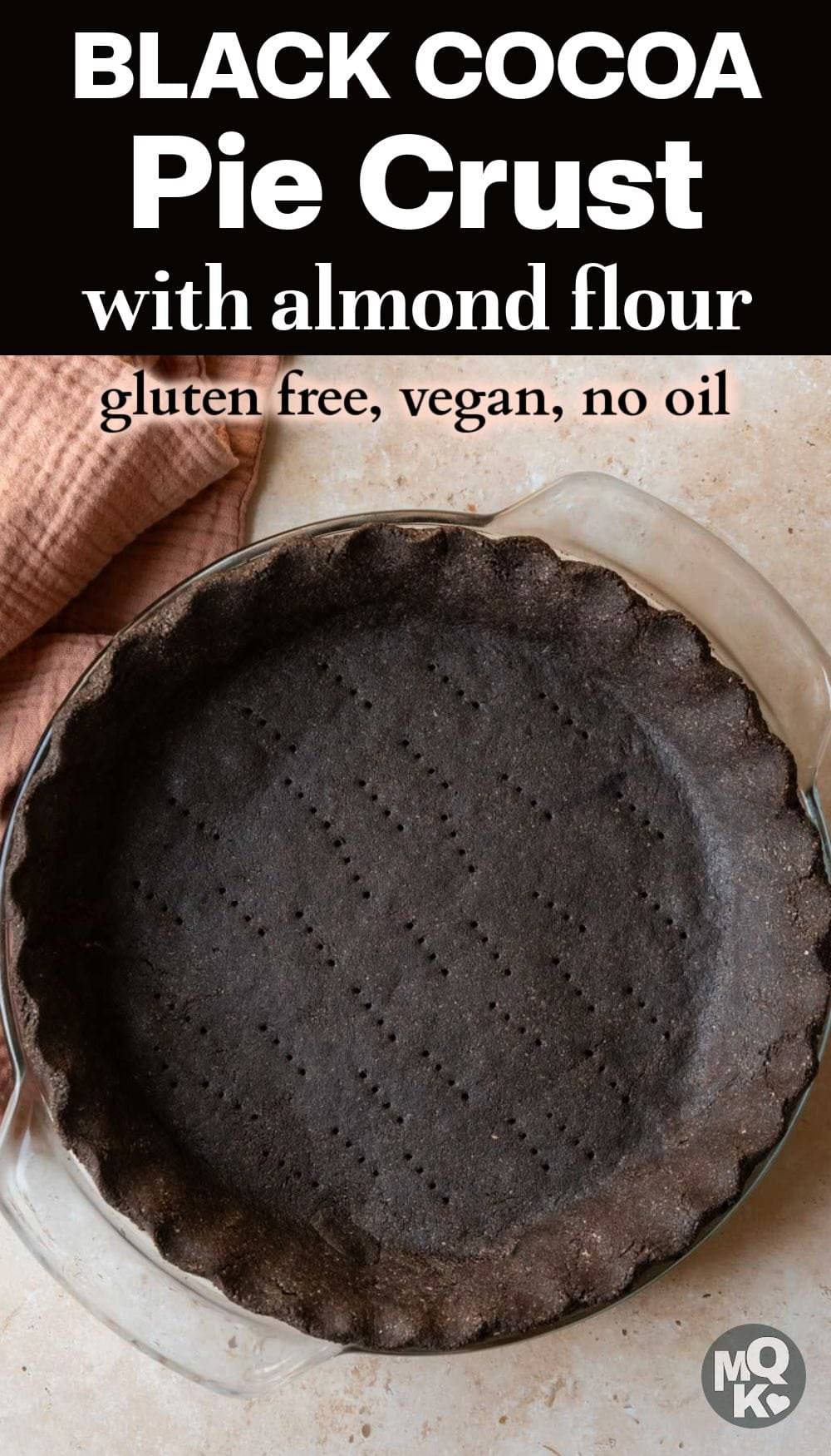 This vegan gluten-free chocolate pie crust is deeply chocolatey and surprisingly simple. Made with black cocoa, it has an Oreo cookie crust vibe, minus the cookies! Adapted from my healthy pie crust recipe, this one also contains no butter or oil, yet still tender and sturdy enough for all of your favorite creamy pie fillings!&nbsp;