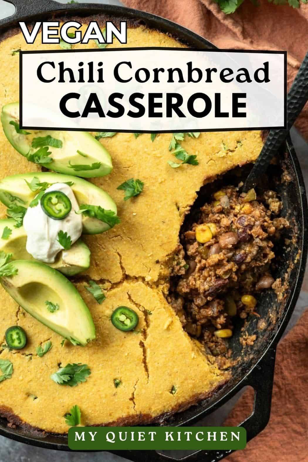 This chili cornbread casserole features a thick and hearty vegan TVP chili topped with golden, fluffy cornbread. It all comes together in one pan for a satisfying meatless dinner the whole family will love.