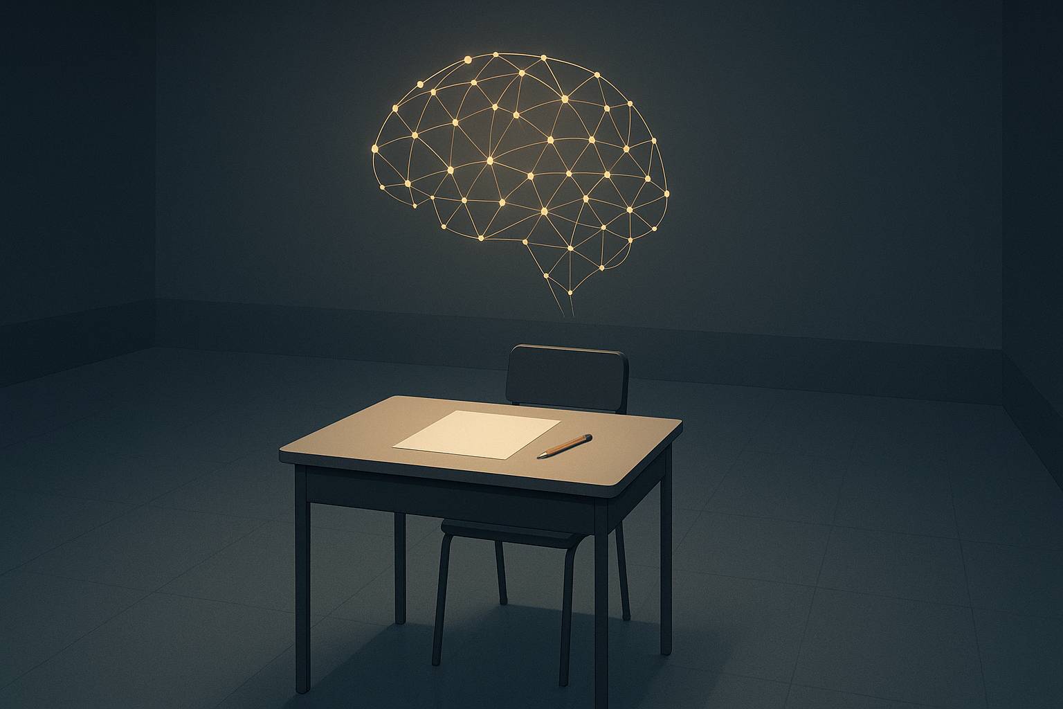 Neural net over a desk with a blank piece of paper and pencil