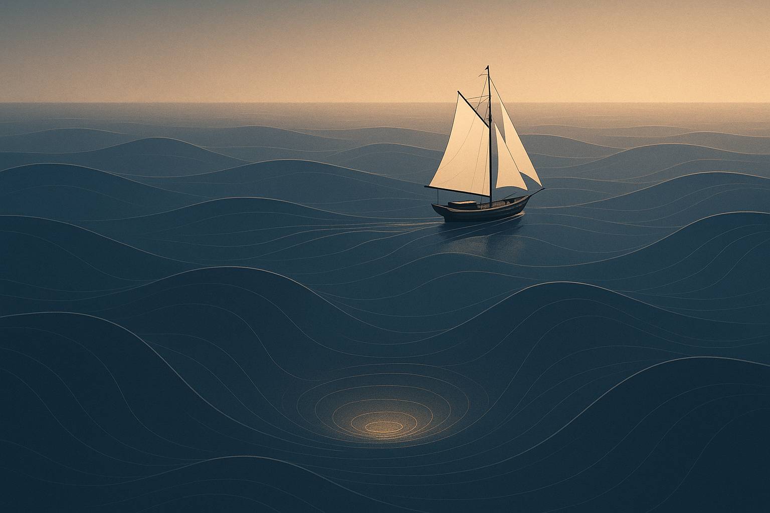 Ship sailing across open ocean in vicinity of lightly golden-lit minimum depression in the waves.