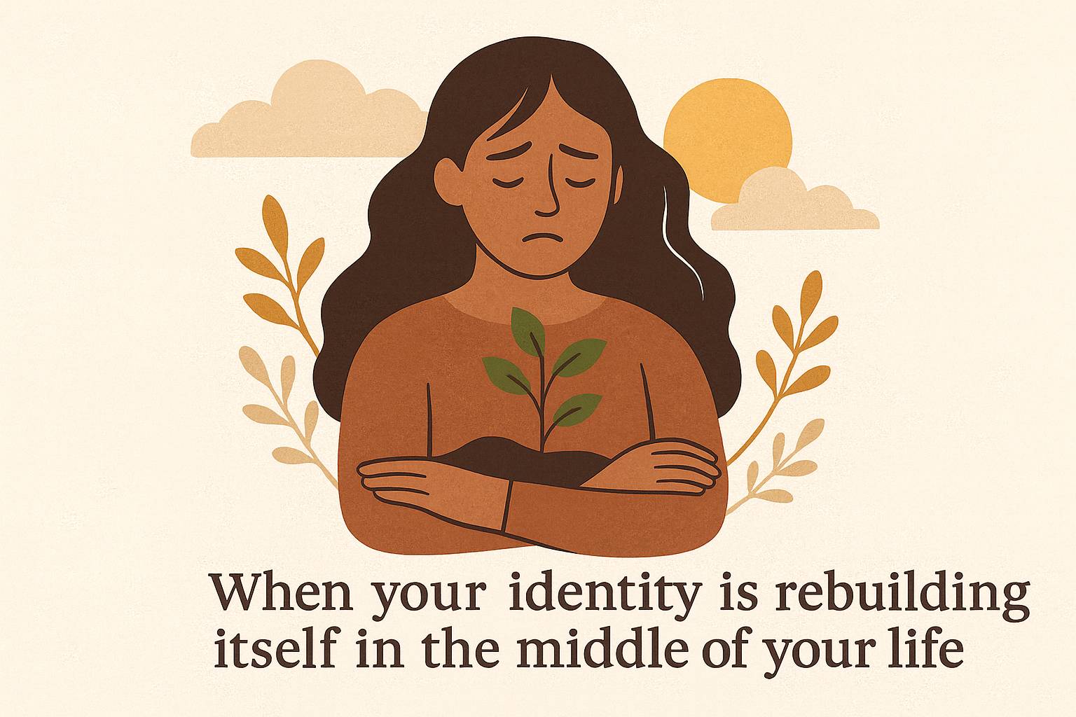 A soft, illustrated image of a woman with long dark hair, eyes closed, and a sad expression. She holds her arms crossed over her chest, cradling a small green plant growing from dark soil. Warm earth tones, simple clouds, and a muted sun sit behind her, w