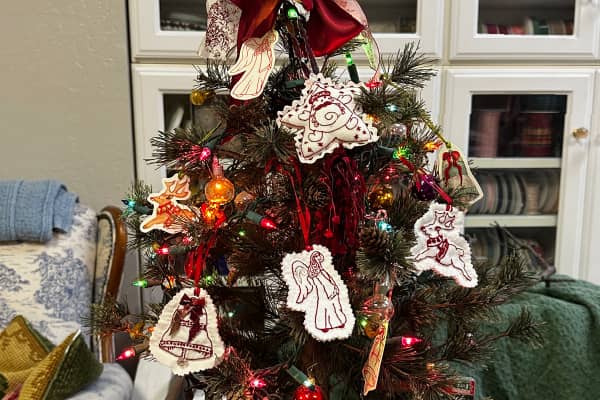 Handmade Embroidery Ornaments on the mini tree in the needlework studio