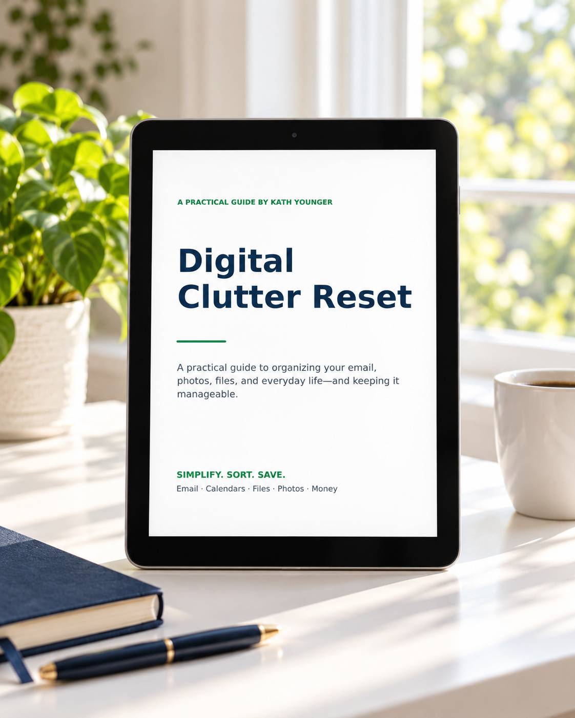 Digital Clutter Reset ebook displayed on a tablet on a bright desk