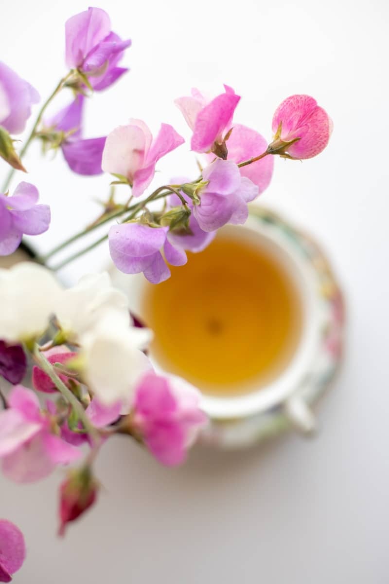 A delicate teacup with sweet pea flowers