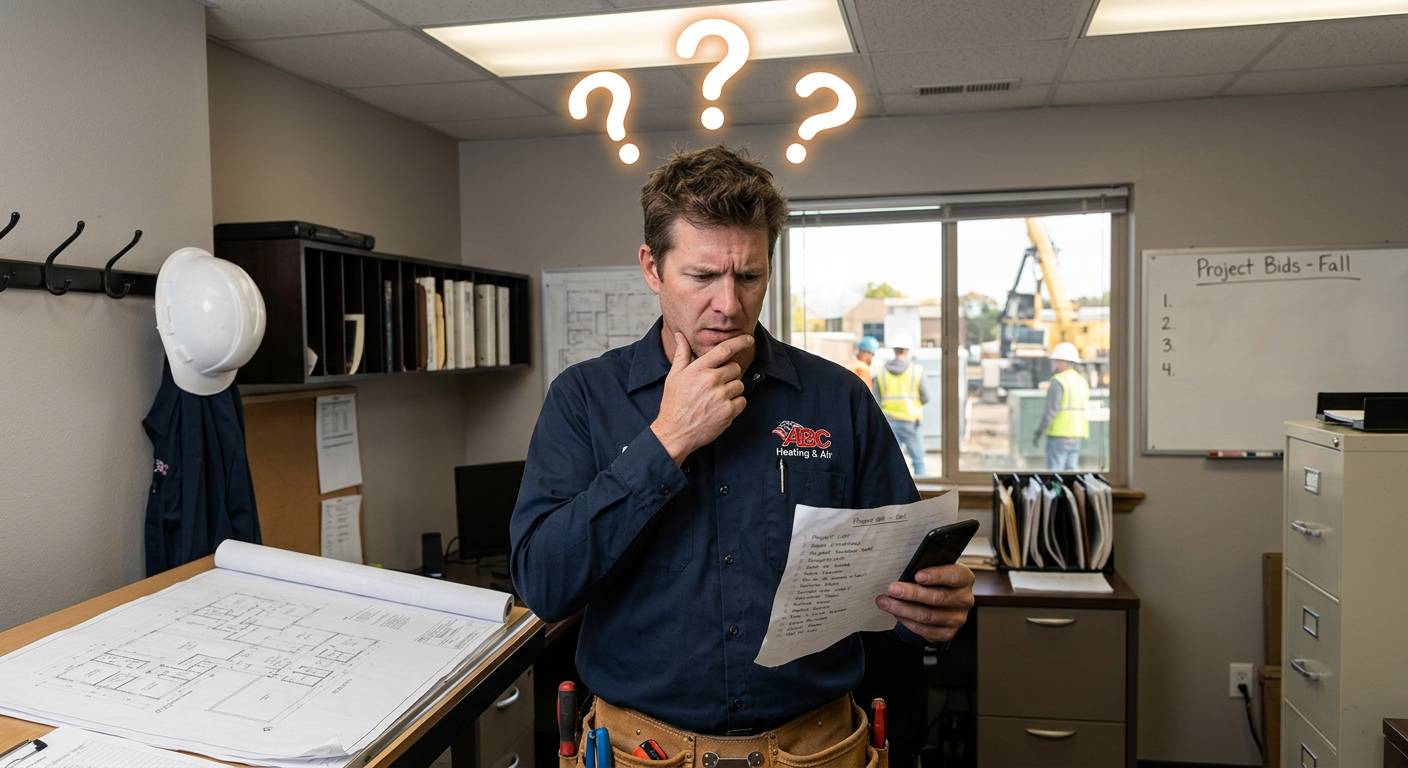 man holding paper with question marks above his head